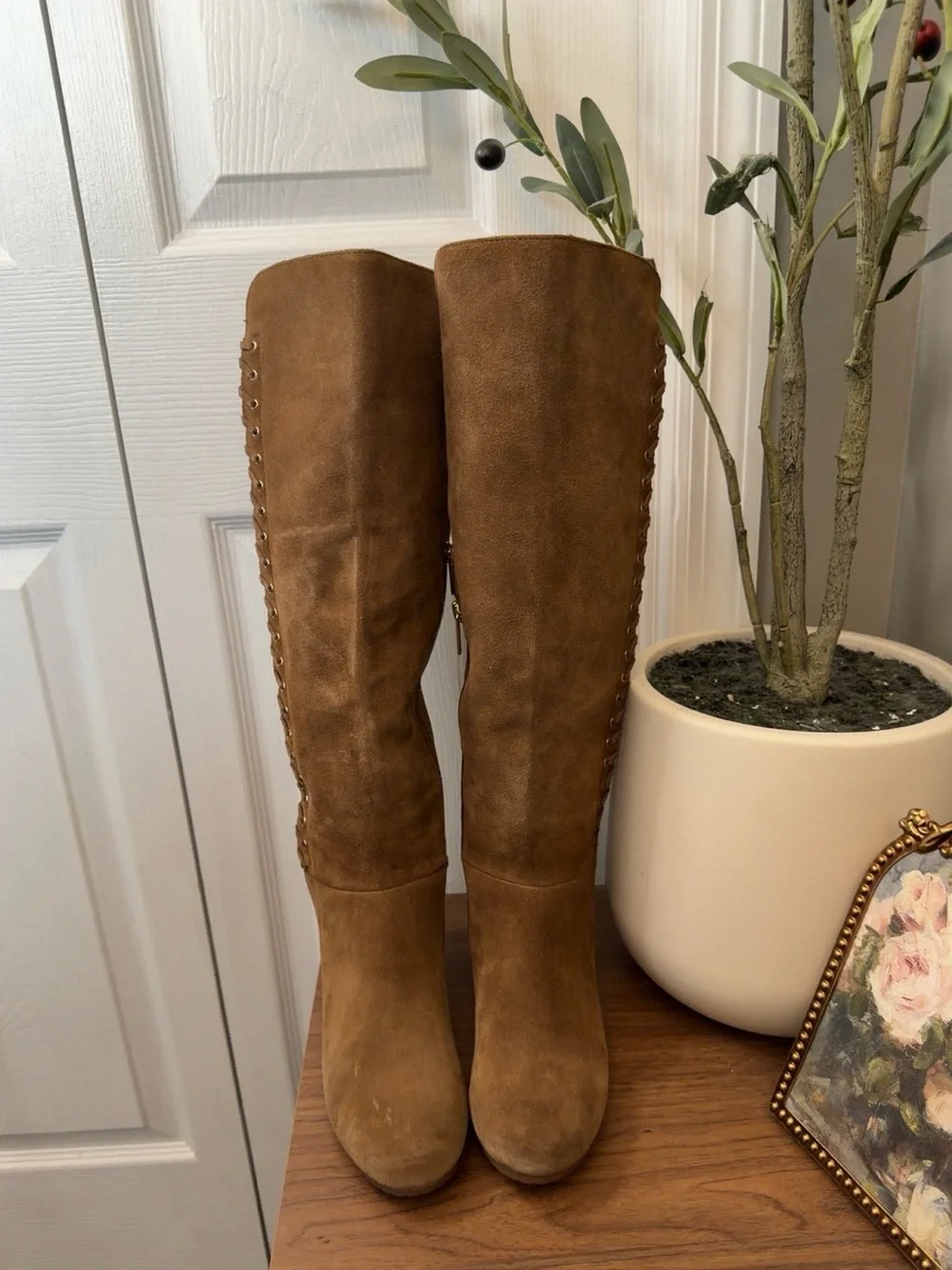 Isola Tavares Brown Suede Knee High Wedge Boots Whipstitch Boho Size 6.5
